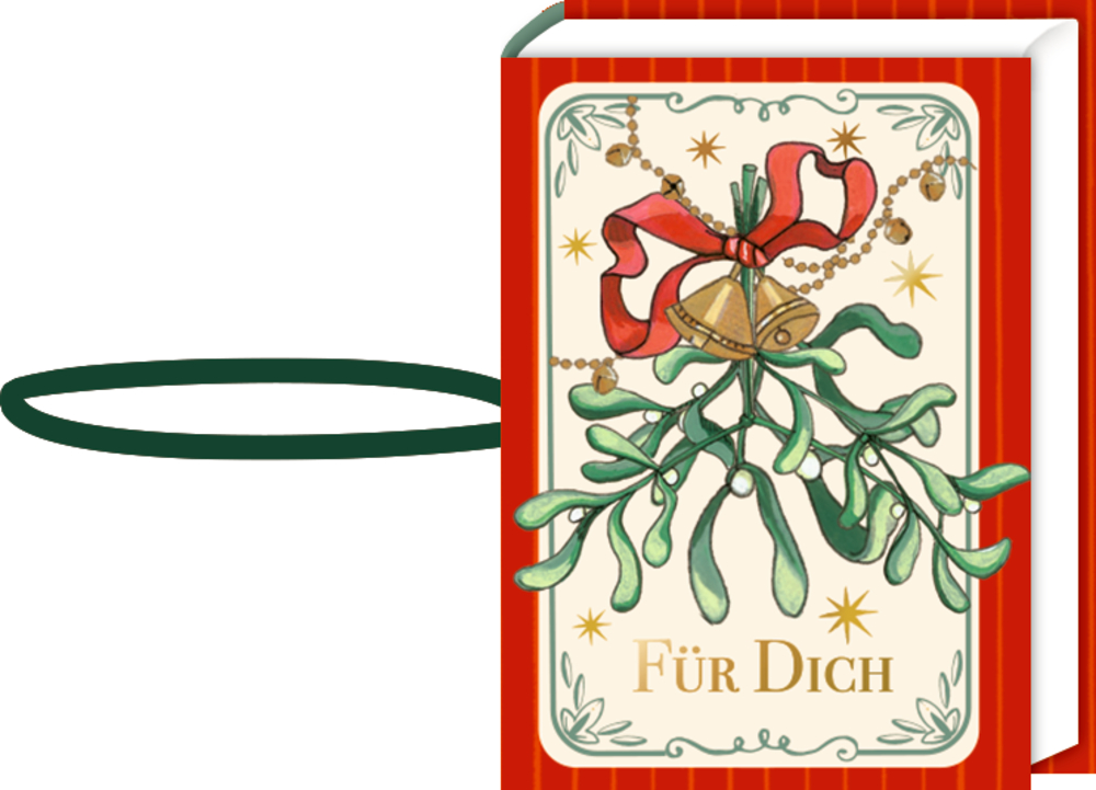 Rotes Geschenkbüchlein mit Schlaufe, Mistelzweig, roten Schleifen, goldenen Glöckchen und dem Schriftzug „Für Dich“.