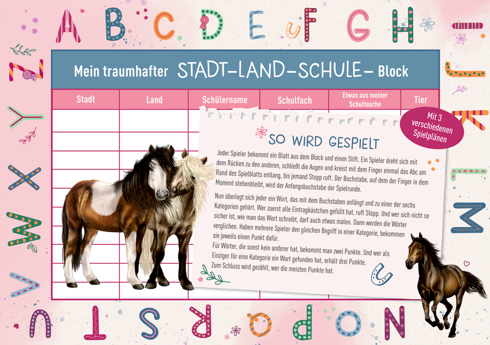 Spielbogen mit zwei Pferden, farbigem Alphabet-Rand und Anweisungen in weißem Kasten.