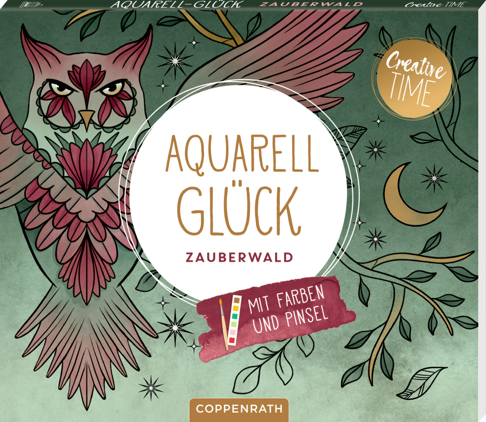 Rosa Eule mit ausgebreiteten Flügeln, Sternen und Monden; Text: „Aquarell Glück Zauberwald.