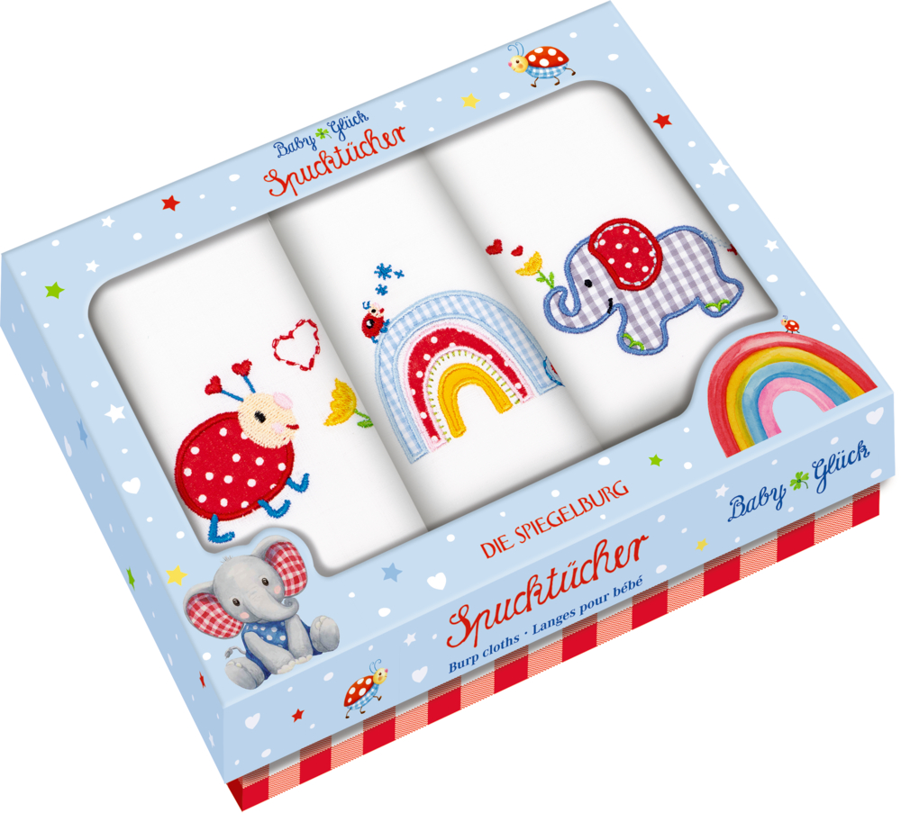 Spucktücher BabyGlück (3 Stück) Schachtel mit Baby-Spucktüchern mit bunten Marienkäfer-, Regenbogen- und Elefantenmotiven.
