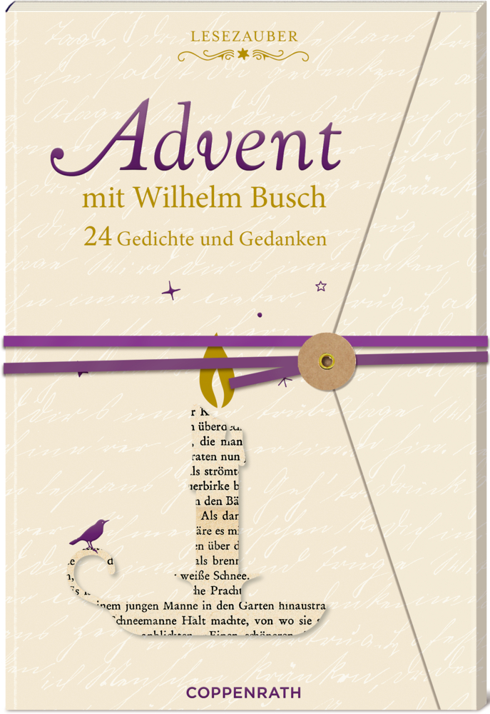 Lesezauber: Advent mit Wilhelm Busch, Briefbuch zum Aufschneiden Buchcover von "Advent mit Wilhelm Busch" cremefarbener Hintergrund mit Kerze, lila Band und goldenen Akzenten.
