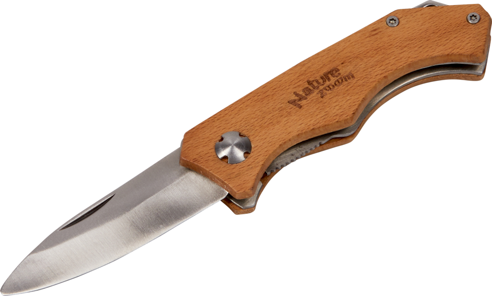 Klappbares Taschenmesser mit Holzgriff und offener Klinge aus Edelstahl.