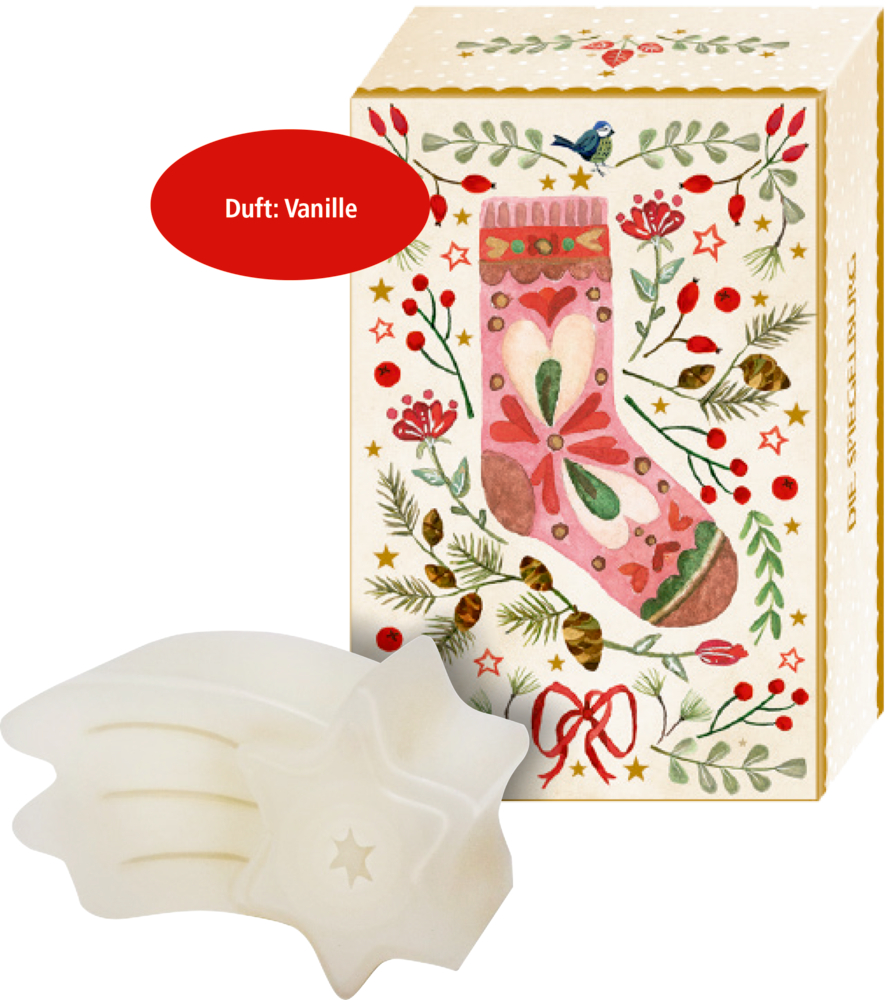 Festliche Box mit rosa Strumpfmotiv und weißer Sternenseife mit Vanilleduft auf der Vorderseite.