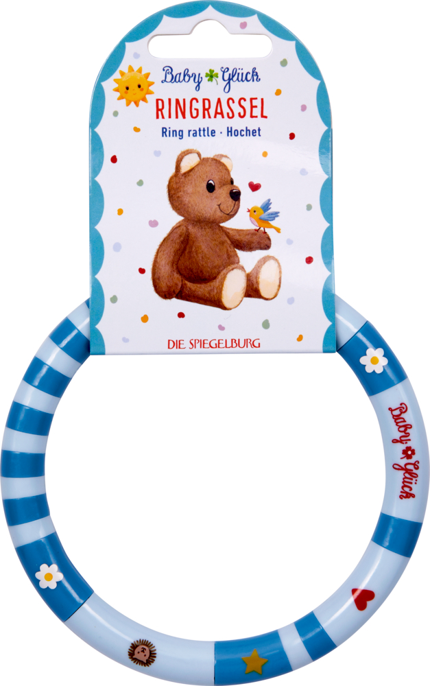 Blau-weiß gestreifter Babyrasselring an einer niedlichen, hellblauen Trägerkarte mit Bärenillustration.