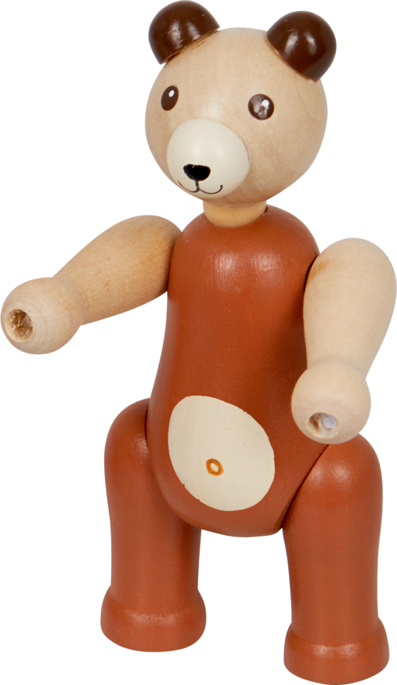 Holzbär mit beweglichen Armen und Beinen, braunem Körper, beigem Bauch und dunkelbraunen Ohren.