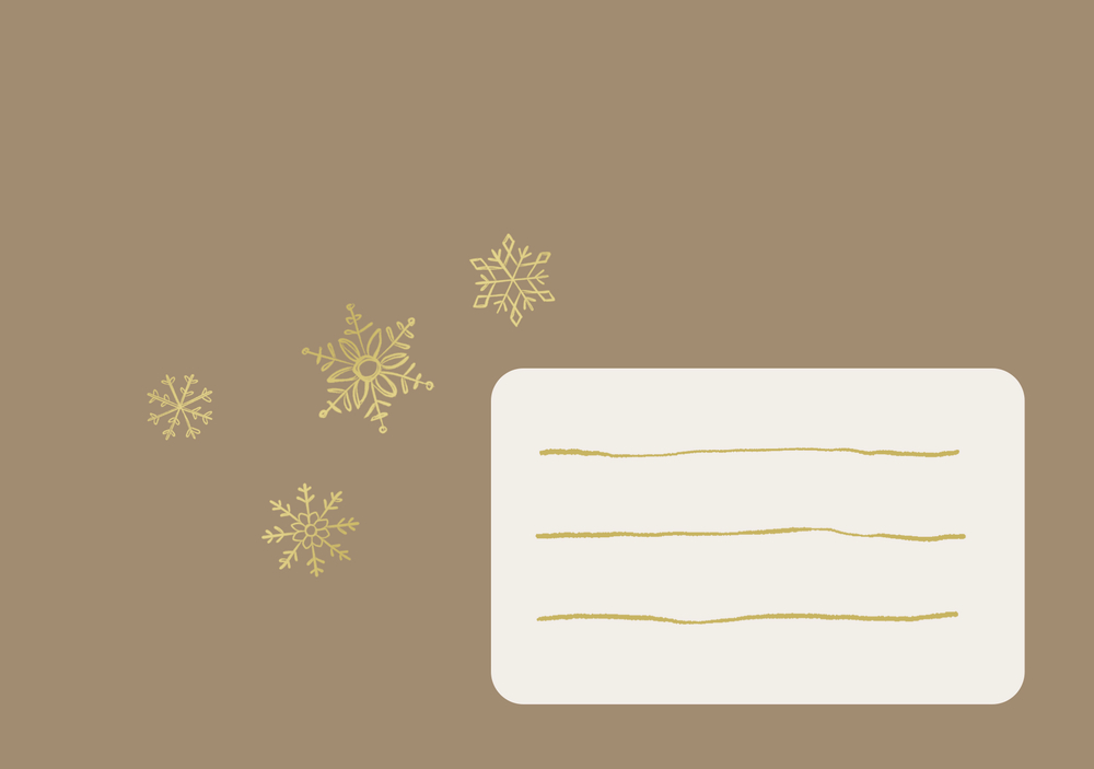 Beigefarbener Hintergrund mit goldenen Schneeflocken und einem weißen Rechteck mit drei goldenen Linien.