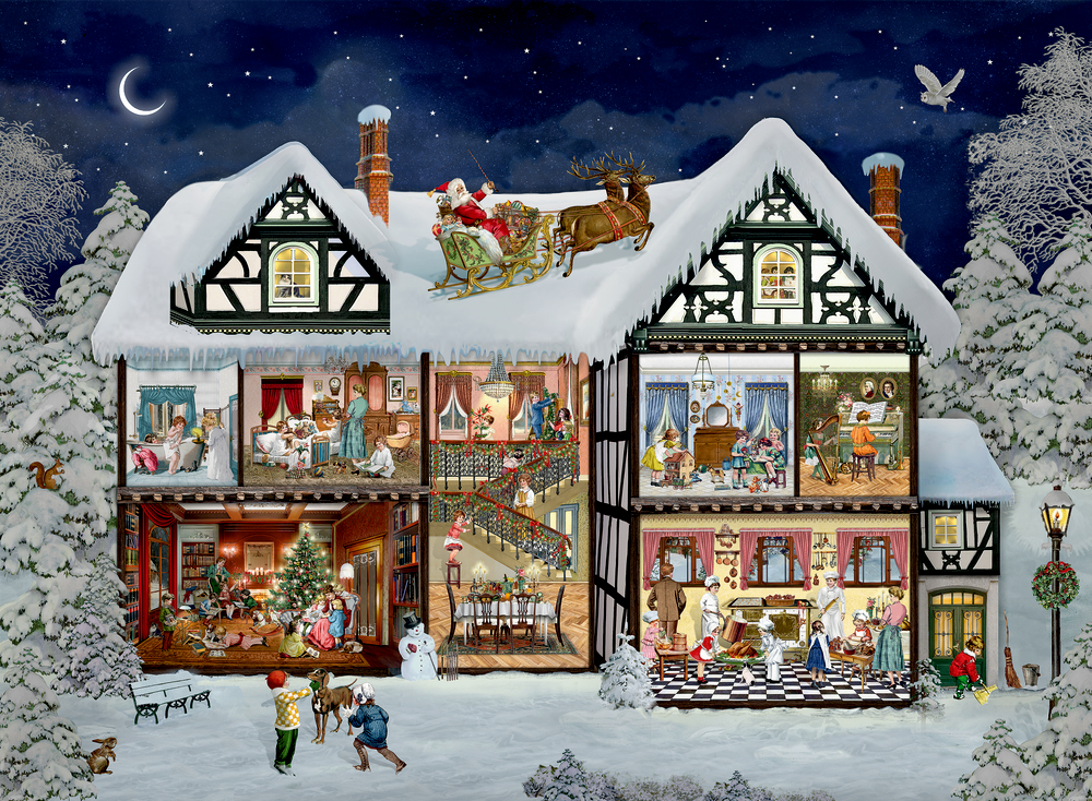 Im Adventshaus, A3-Wand-Adventskalender (Behr) Verschneites Weihnachtshaus mit dem Weihnachtsmann auf dem Dach und feiernden Familien drinnen.