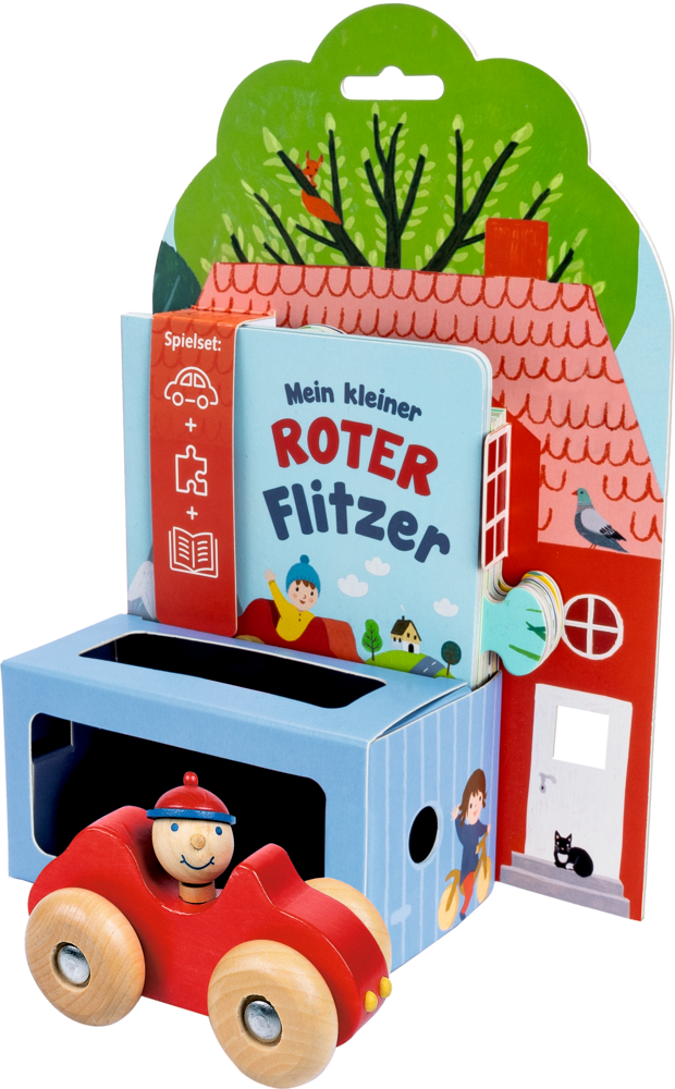 Mein kleiner roter Flitzer (mit Buchbonus) Spielzeugset mit einem rotem Holzauto, Fahrerfigur und  Kinderbuch in bunter Verpackung.