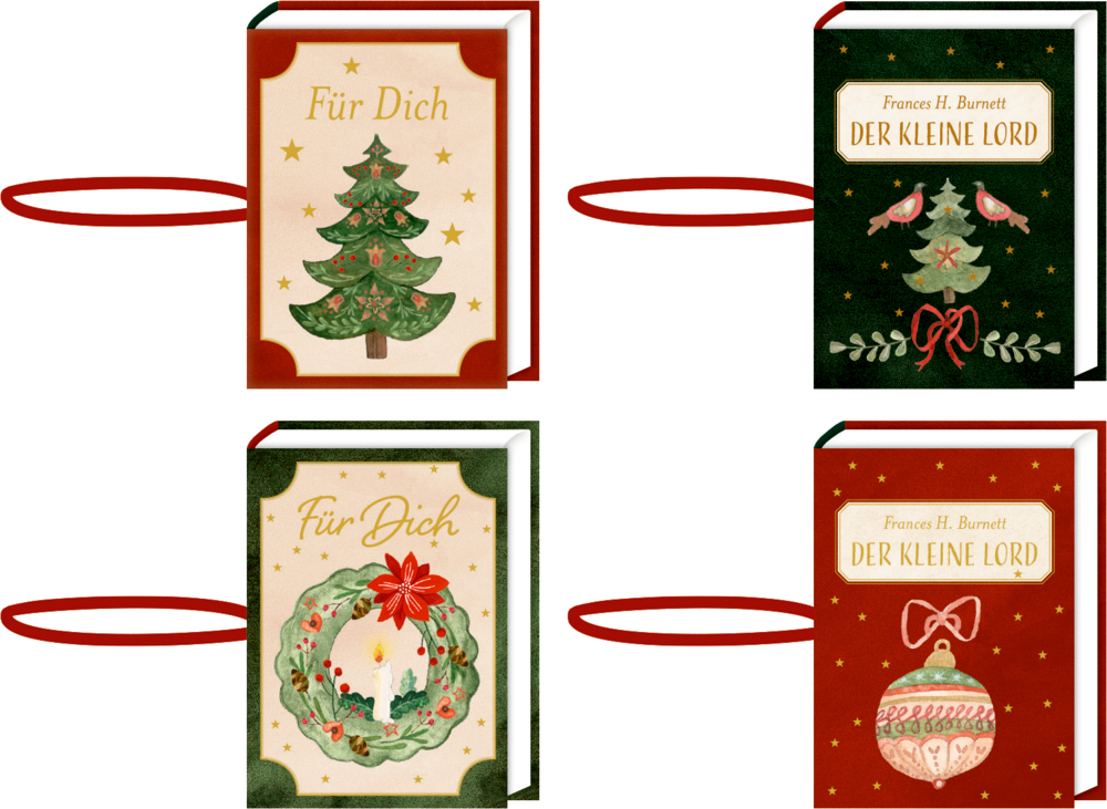 Vier kleine Weihnachtsbücher mit Ornamenten, Bäumen und Kränzen und jeweils einer Schlaufe.