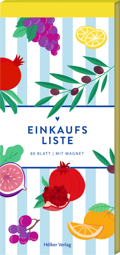 Einkaufsliste - Kaliméra (Küchenpapeterie) Blau-weiß gestreifter Notizblock mit Obstillustrationen und dem Titel „Einkaufsliste“ auf dem Cover.
