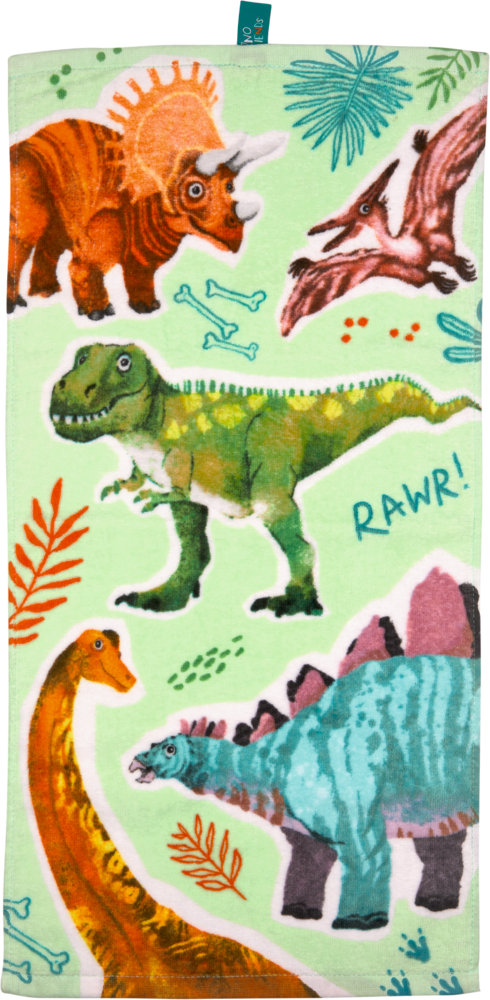 Zauberhandtuch - Dino Friends Rechteckige Fläche mit Label oben und verschiedenen Dinos auf hellgrünem Grund.