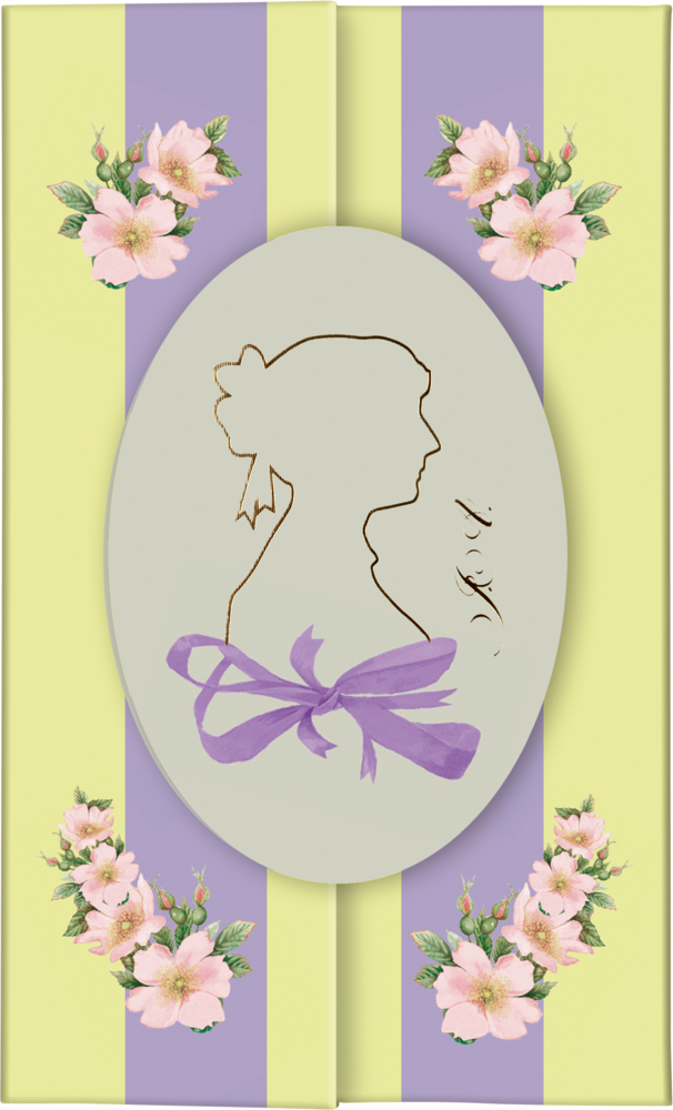 Jane Austen-Silhouette mit lila Schleife, umgeben von rosa Blumen auf gelb und lila gestreiftem Hintergrund.