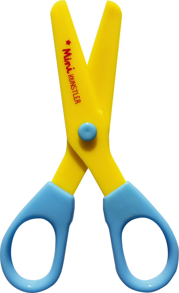 Meine erste Bastelschere (Mini-Künstler) Bastelscheren mit blauen Griffen in rotem Display mit der Aufschrift „Meine erste Bastelschere“.