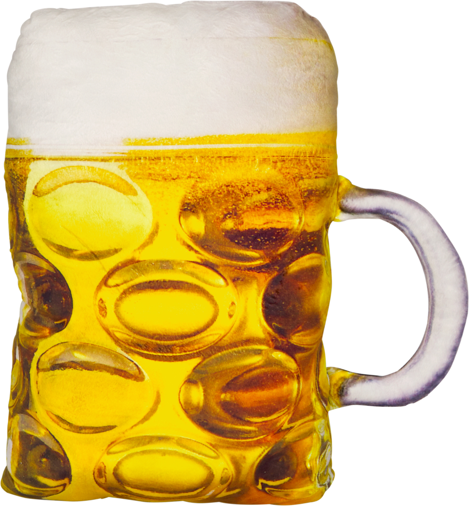 Großes Glas mit Henkel, gefüllt mit Bier. Schaumkrone oben auf dem Bier. Hintergrund weiß.