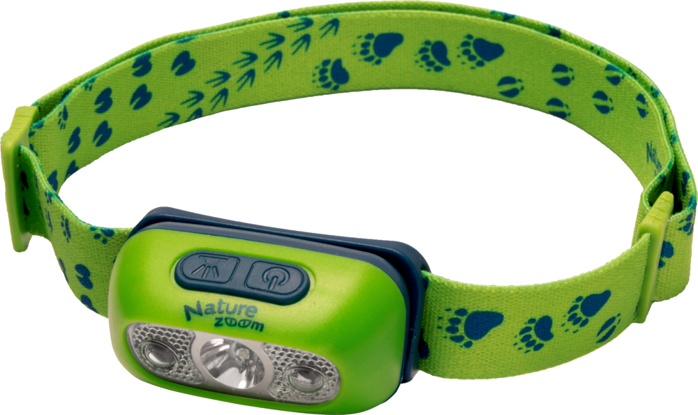 Stirnlampe mit Bewegungssensor - Nature Zoom Grüne Stirnlampe mit Pfotenabdruckband, drei LED-Leuchten vorne und Knöpfen.
