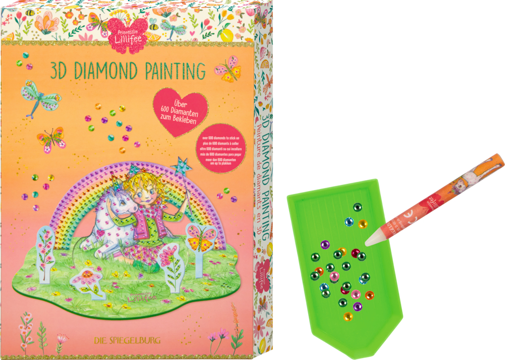 Bunte 3D-Diamantenmalerei Kit, Einhorn, Prinzessin Lillifee, Schmucksteine, grünes Tablett, Stift auf weißem Hintergrund.