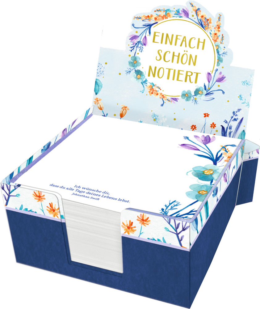 Zettelkästchen - Einfach schön notiert (All about blue) Dekorative, blaue Zettelbox mit dem Spruch „Einfach schön notiert“ in einem blauen Blütenkreis.