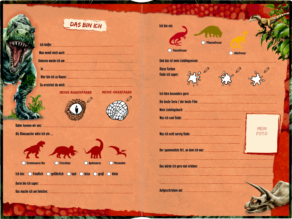 Doppelseitige Innenansicht: Profil mit Dinosaurier-Thema, in das Kinder persönliche Informationen und ihre Lieblingsdinosaurier eintragen können.