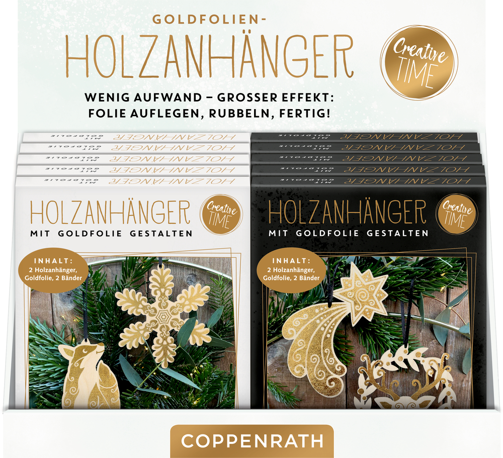 Thekenaufsteller der Holzornament-Sets aus Goldfolie mit Bastelmaterialien, verpackt in Schachteln mit festlichen Designs und Dekorationen.