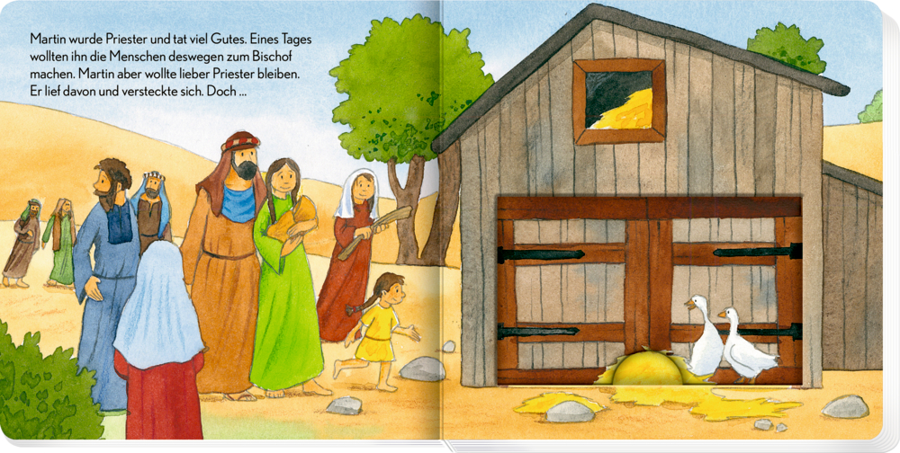 Doppelseite wo Menschen und zwei Gänse neben einer Holzscheune in einer sonnigen ländlichen Landschaft stehen.