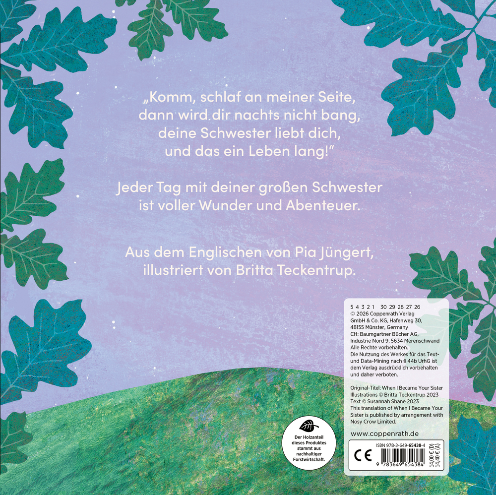Buchrückseite mit grünem Laub, Hügeln und Text über Schwesterliebe auf lila-blauem Hintergrund.