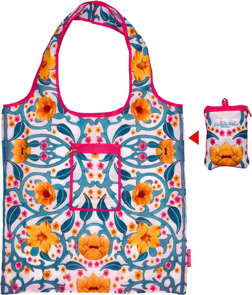 Tasche mit Blumenmuster, einmal offen und einmal zusammengefaltet als kleines Etui gezeigt.