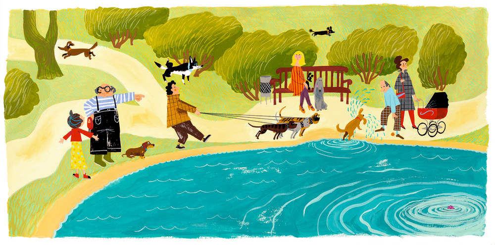 Menschen und Hunde spazieren, sitzen und spielen an einem Teich in einem farbenfrohen Park mit Bäumen und Bänken.