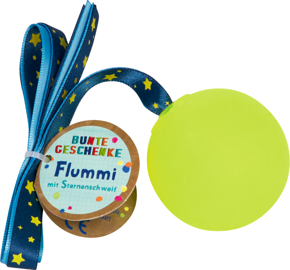 Leuchtend gelber Flummi mit blauer Schleife mit Sternmuster und rundem Anhänger mit der Aufschrift „Flummi“.