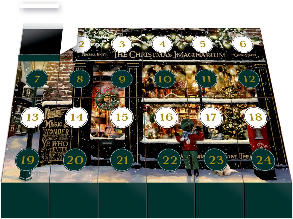 Adventskalender mit 24 nummerierten Türen, einem festlichen Schaufenster und einer verschneiten Weihnachtsszene.