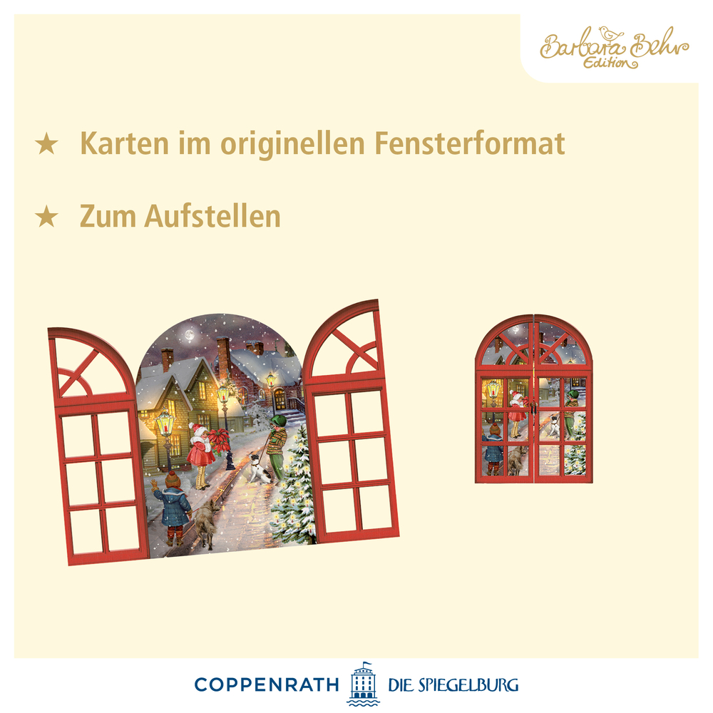 Rote Fensterkarten mit festlichen Winterszenen, geöffnet und geschlossen. Beschreibungstext oben.