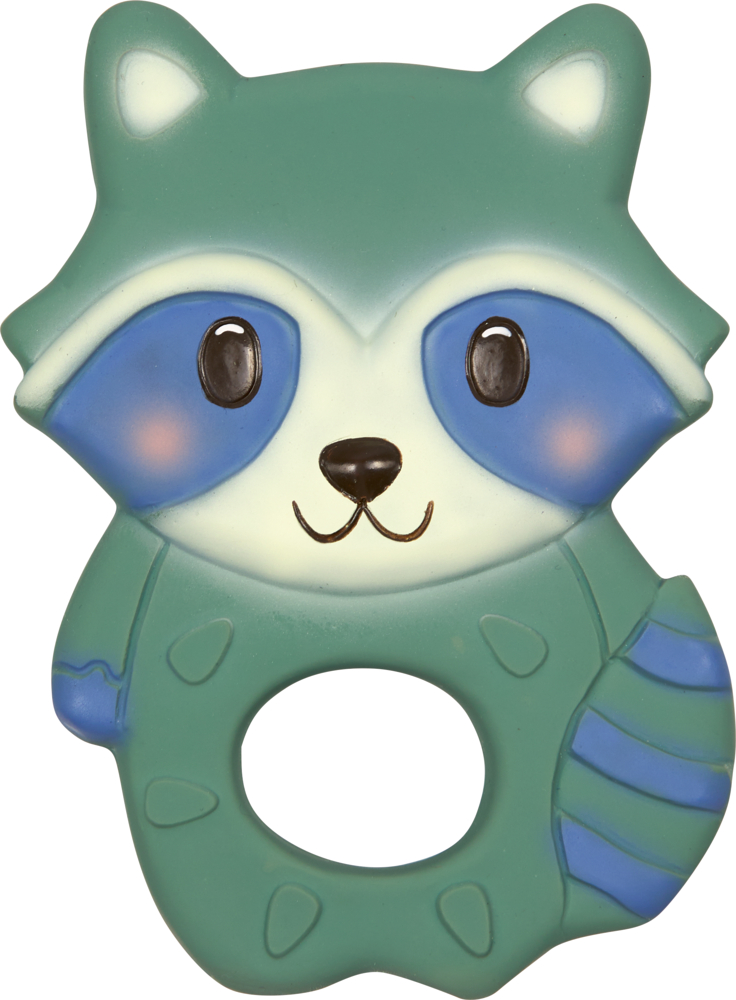Grüner Waschbär-Beißring mit Loch in der Mitte und lächelndem Gesicht.