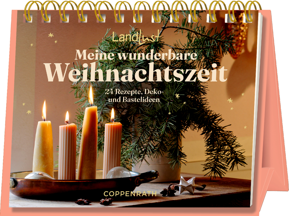 Tischkalender mit vier brennenden Kerzen in einer Schale und Tannenzweigen, Titeltext „Meine wunderbare Weihnachtszeit“.