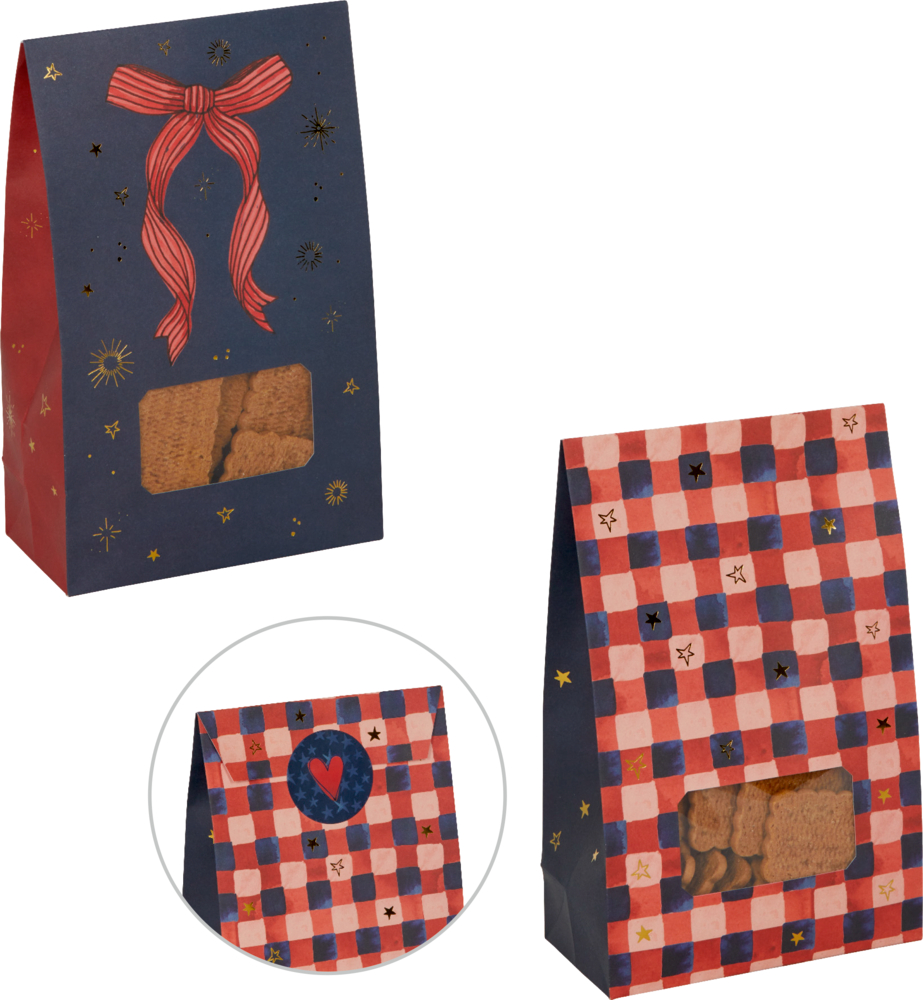 Zwei Geschenkverpackungen mit Keksen: eine blau mit Schleife, eine rot kariert mit Herz.