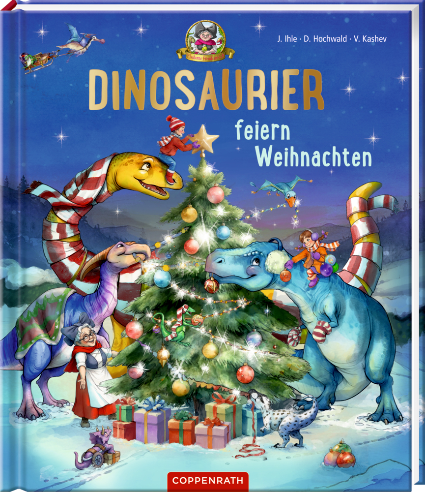 Kinderbuchcover: Vier Dinosaurier und Kinder schmücken einen Weihnachtsbaum mit Geschenken in einer verschneiten Nachtlandschaft.