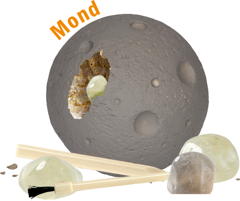 Graue Kugel mit Kraterstruktur und Beschriftung "Mond", aufgebrochener Stelle, daneben drei glänzende helle Steine und zwei kleine Werkzeuge.