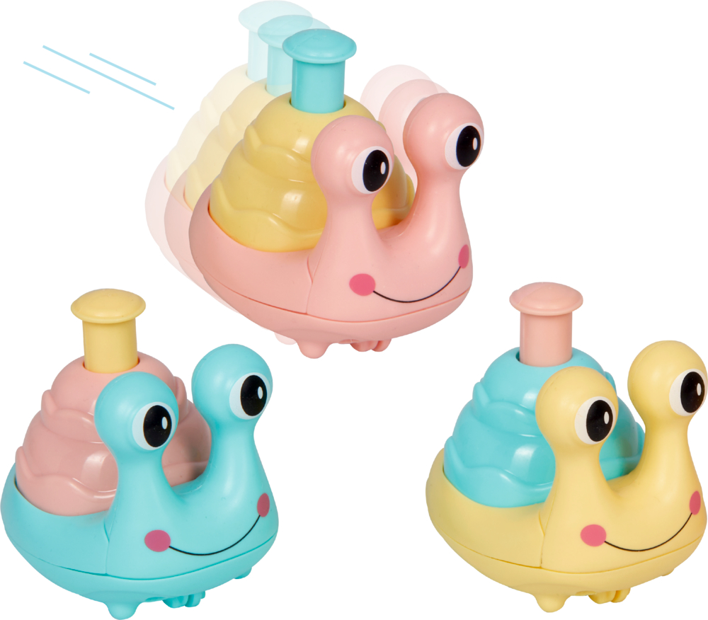 Drei bunte Spielzeugautos in Schneckenform – rosa, blau und gelb – mit großen Augen erscheinen in spielerischer Bewegung.