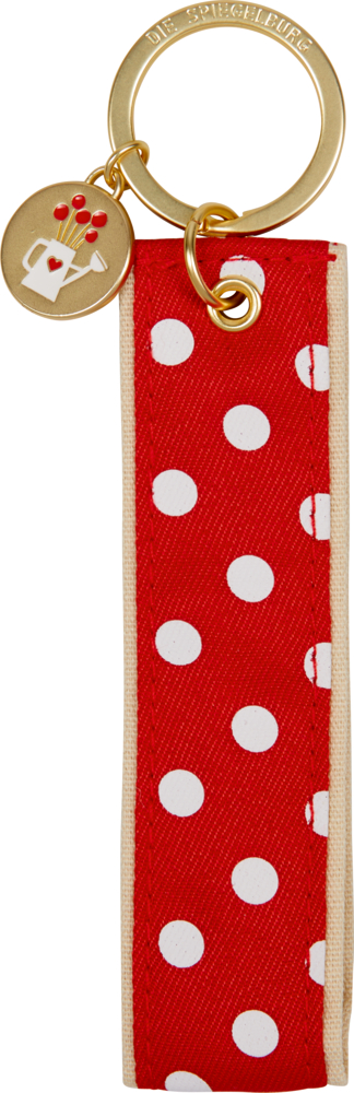 Schlüsselanhänger - Fröhliche Tupfen Goldener Schlüsselanhänger mit rot-weiß gepunktetem Stoff und einem mit Herzen verzierten Gießkannenanhänger.
