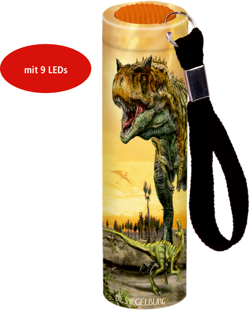 Kleine Taschenlampe mit Dinosaurier-Design, schwarzer Handschlaufe und rotem Etikett mit der Aufschrift „mit 9 LEDs“.