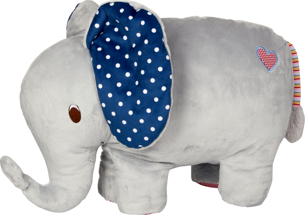 Kuschelkissen Elefant BabyGlück Grauer Plüschelefant mit blauen gepunkteten Ohren und einem kleinen Herzaufnäher an der Seite.