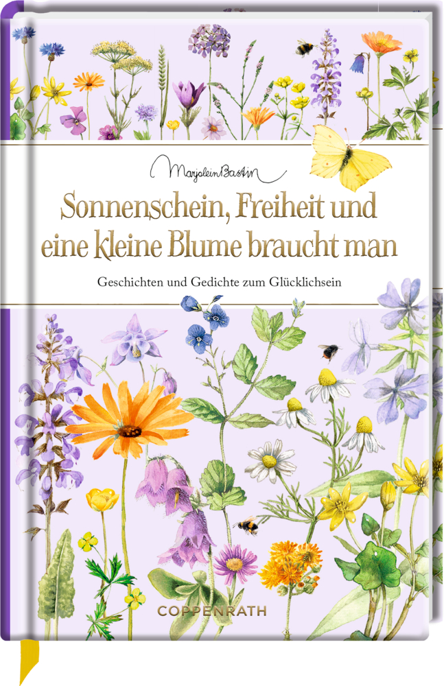 Edizione: Sonnenschein, Freiheit und eine kleine Blume braucht man (Bastin) Buchcover mit illustrierte Wildblumen, Bienen & Schmetterlinge und dem Titel in Gold auf weißem Grund "Sonnenschein, Freiheit und eine kleine Blume braucht man".