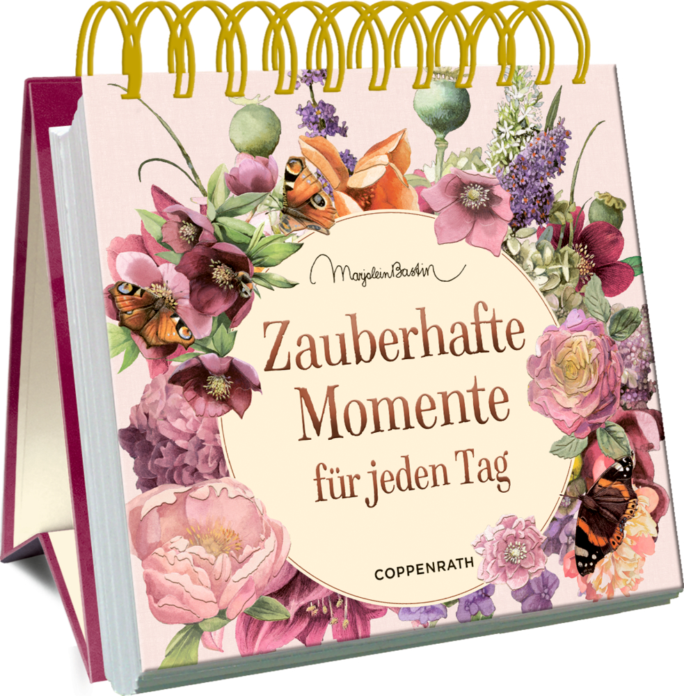Großes Spiralaufstellbuch: Zauberhafte Momente für jeden Tag (Bastin) Blumen-Spiralaufstellbuch mit Schmetterlingen und dem Titel „Zauberhafte Momente für jeden Tag“.