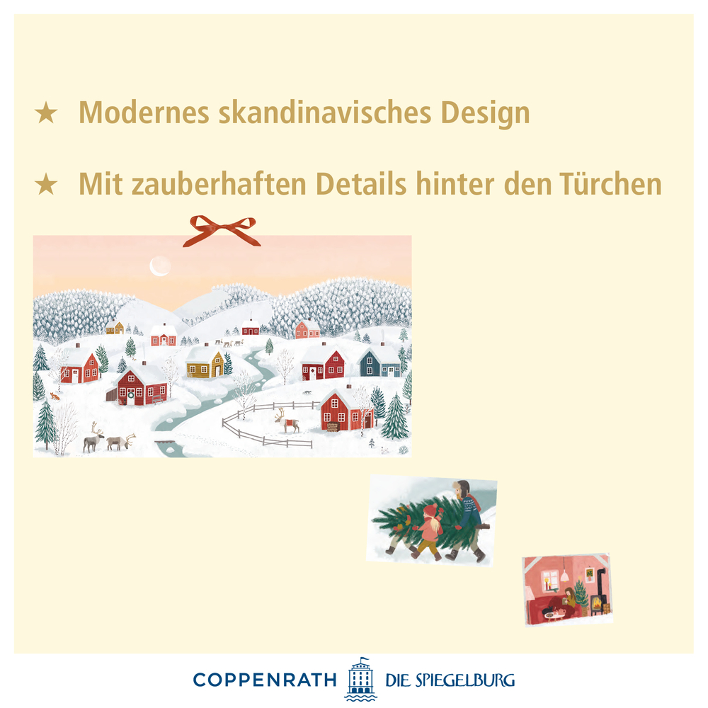 Verschneites Dorf mit Häusern; deutscher Text betont skandinavisches Design und bezaubernde, magische Details.