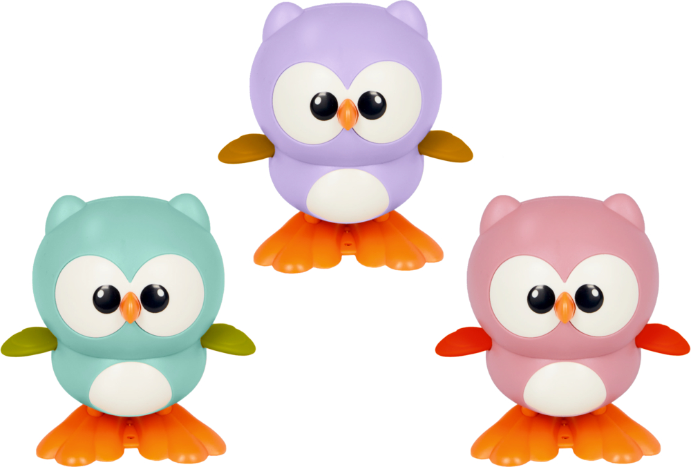 Aufzieh-Eule - Wintertiere im Weihnachtswald Drei bunte Spielzeugeulen mit großen Augen und orangefarbenen Füßen in Mintgrün, Lavendel und Rosa.