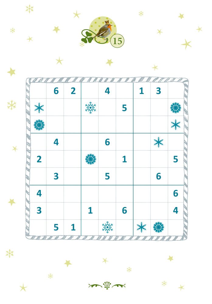 Teilweise ausgefülltes 6x6-Winter-Sudoku mit Schneeflockensymbolen in einigen Zellen, auf einer Seite.