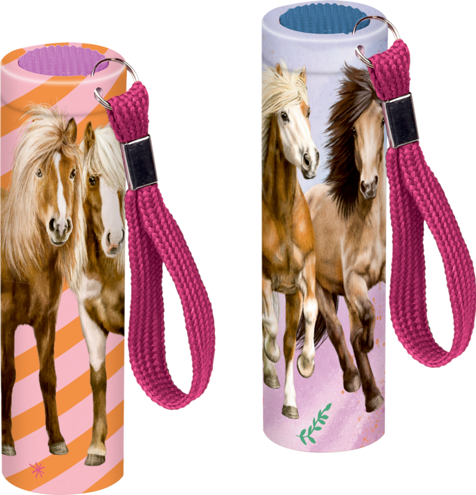 Zwei bunte zylindrische Taschenlampen mit Pferdemotiven und pinken Armbändern.