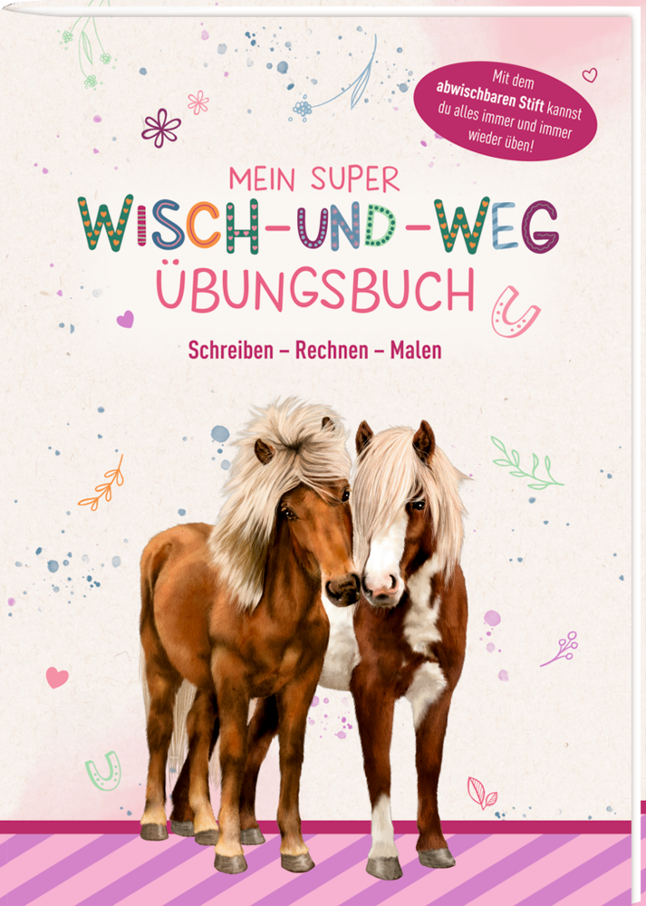 Zwei Ponys stehen nebeneinander auf einem bunten Kinderbuchcover mit Herzen und Kritzeleien.