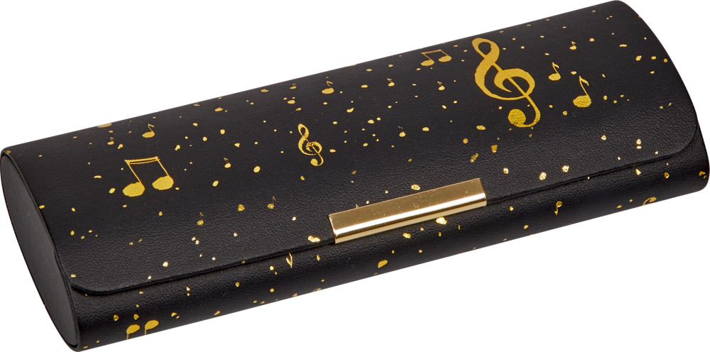 Brillenetui mit Putztuch "Noten allover" - All about music "Schwarzes Brillenetui mit goldenen Musiknoten und Sprenkeln sowie goldenem Metallverschluss."