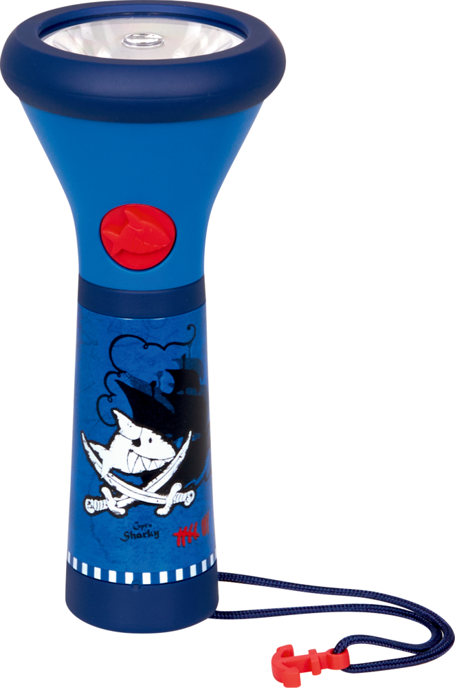 Kinder-Taschenlampe - Capt'n Sharky "Blaue Taschenlampe mit Piratenhai, rotem Knopf und Handschlaufe mit rotem Kunststoffclip."
