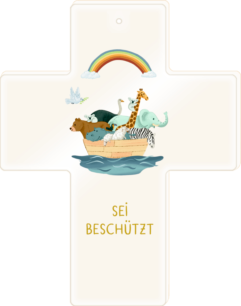 Ein Kreuz mit Tieren in einer Arche, einem Regenbogen, einer Taube und dem Satz „SEI BESCHÜTZT“.