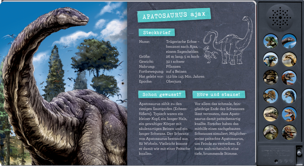 Ein riesiger Apatosaurus steht in einem Wald neben einer Buchseite mit Fakten, Illustrationen und Soundknöpfen.